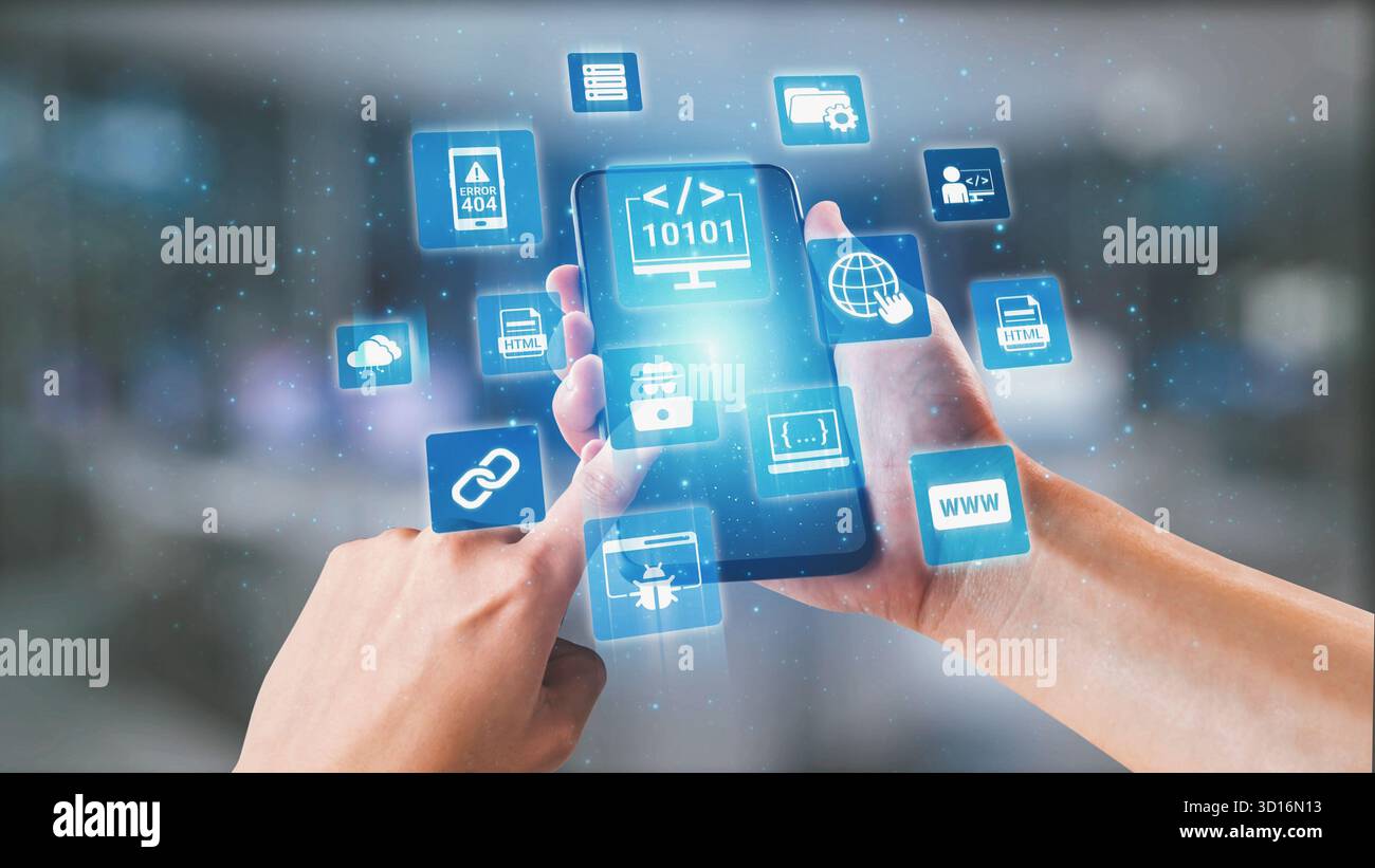 Sviluppo di software con sovrapposizioni di codifica, linguaggi di programmazione, strumenti per sviluppatori, creazione di app mobili e programmazione avanzata per prodotti digitali Foto Stock