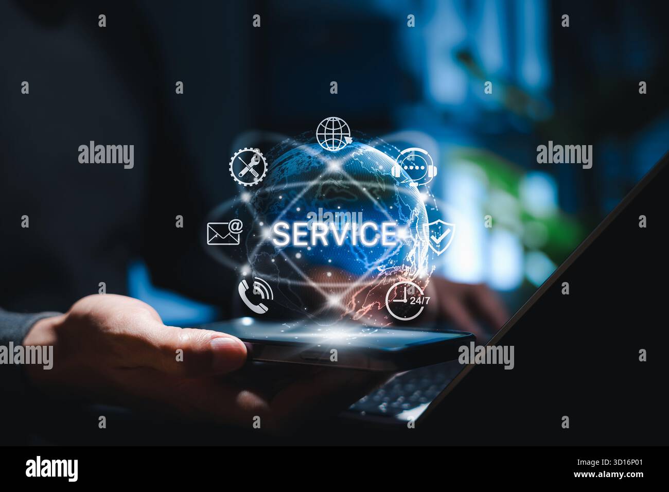 Concetto di servizio digitale globale. Icone di supporto, comunicazione, assistenza 24/7 su schermo virtuale. Simboleggia helpdesk online, assistenza clienti, IT Foto Stock