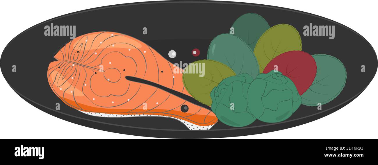 Hans Drawn Salmon Steak Brussels sprouts Salad Leaves and Peppercorn mix su Black Plate Healthy Food. Illustrazione vettoriale isolata mangiare sano contenuto correlato ricette Menu carte, etichette dei prezzi, opuscolo Illustrazione Vettoriale