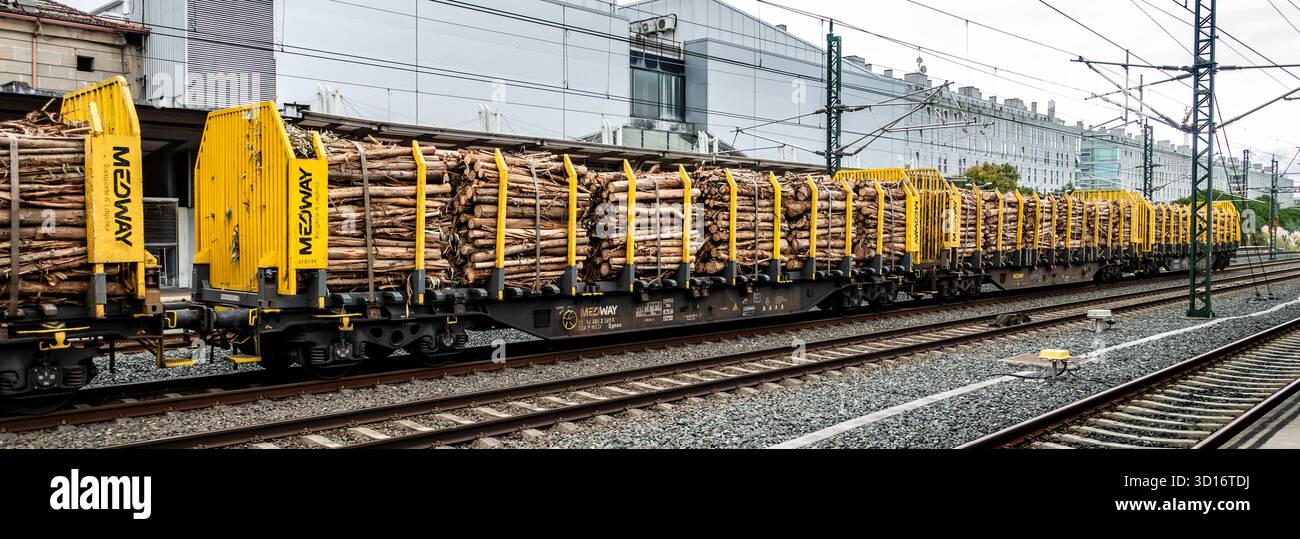 Treno merci carico di tronchi di legno a Pontevedra, Spagna, gestito da Medway, che mette in evidenza il trasporto ferroviario e l'industria regionale del legno. Foto Stock