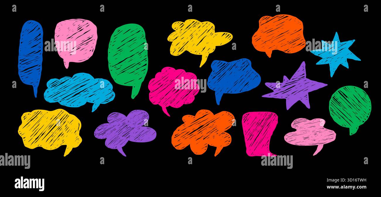 Set abstract Crayon Speech Bubble. Gesso di curvatura colorato forma libera disegnato a mano varie forme. Spaghetti testurizzati isolati. Vari discorsi, pensieri, e.. Illustrazione Vettoriale