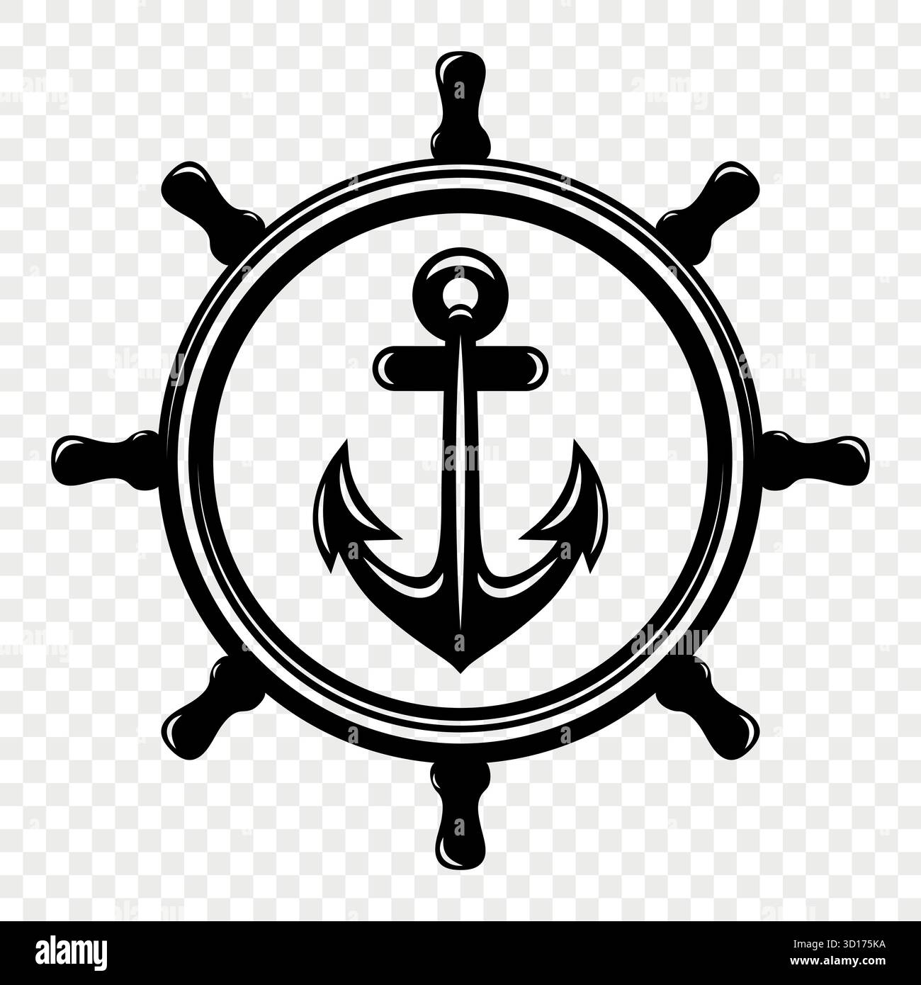 Vector Vintage Anchor and Ship Wheel. Icona timone nautico, retro Captain Tattoo Design, logo Sailing Club, stemma Maritime Adventure, Sea Illustrazione Vettoriale