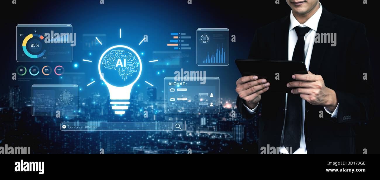 Un'interfaccia utente per una piattaforma di intelligenza artificiale generativa. Questo strumento creativo utilizza l'apprendimento automatico per l'analisi dei dati, la creazione di contenuti e. Foto Stock