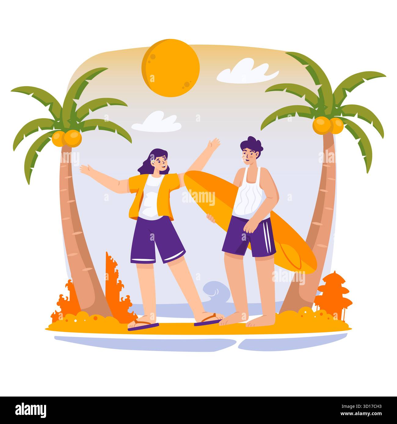 Giovane coppia che si diverte a Bali Beach Vacation Vector Illustration Illustrazione Vettoriale