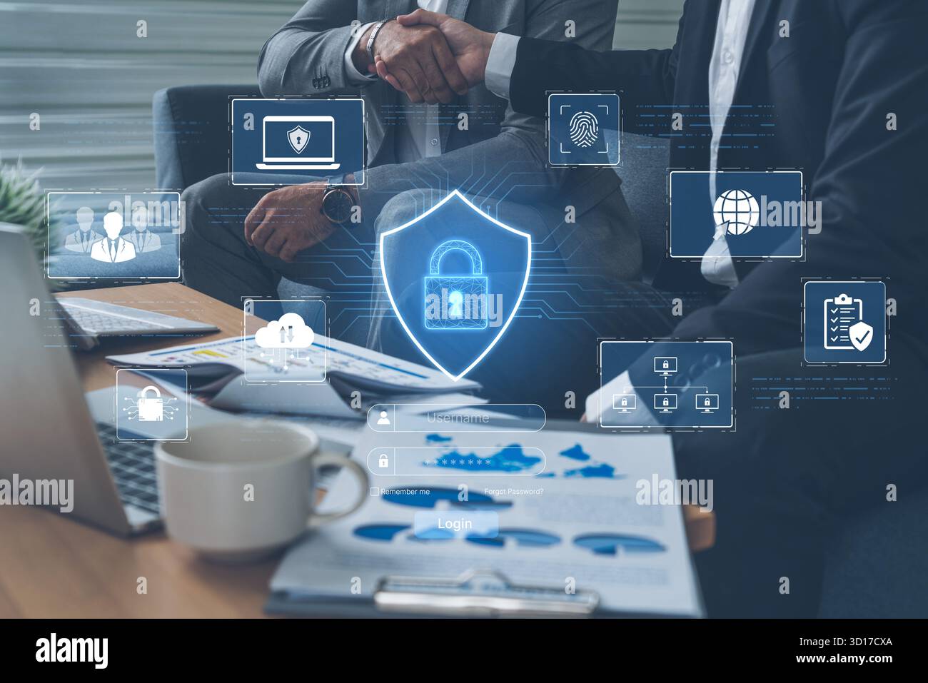Un dashboard di sicurezza informatica per la protezione della rete. Il sistema include accesso utente sicuro, autenticazione a più fattori e controllo degli accessi per proteggere co Foto Stock