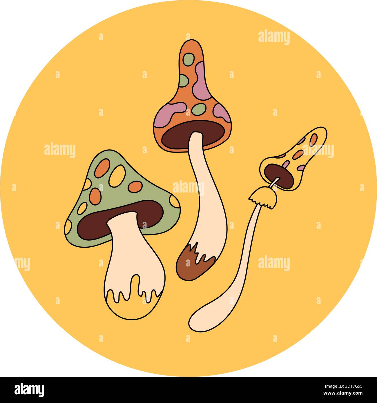 Etichetta circolare con adesivo per funghi psichedelici Groovy Illustrazione Vettoriale