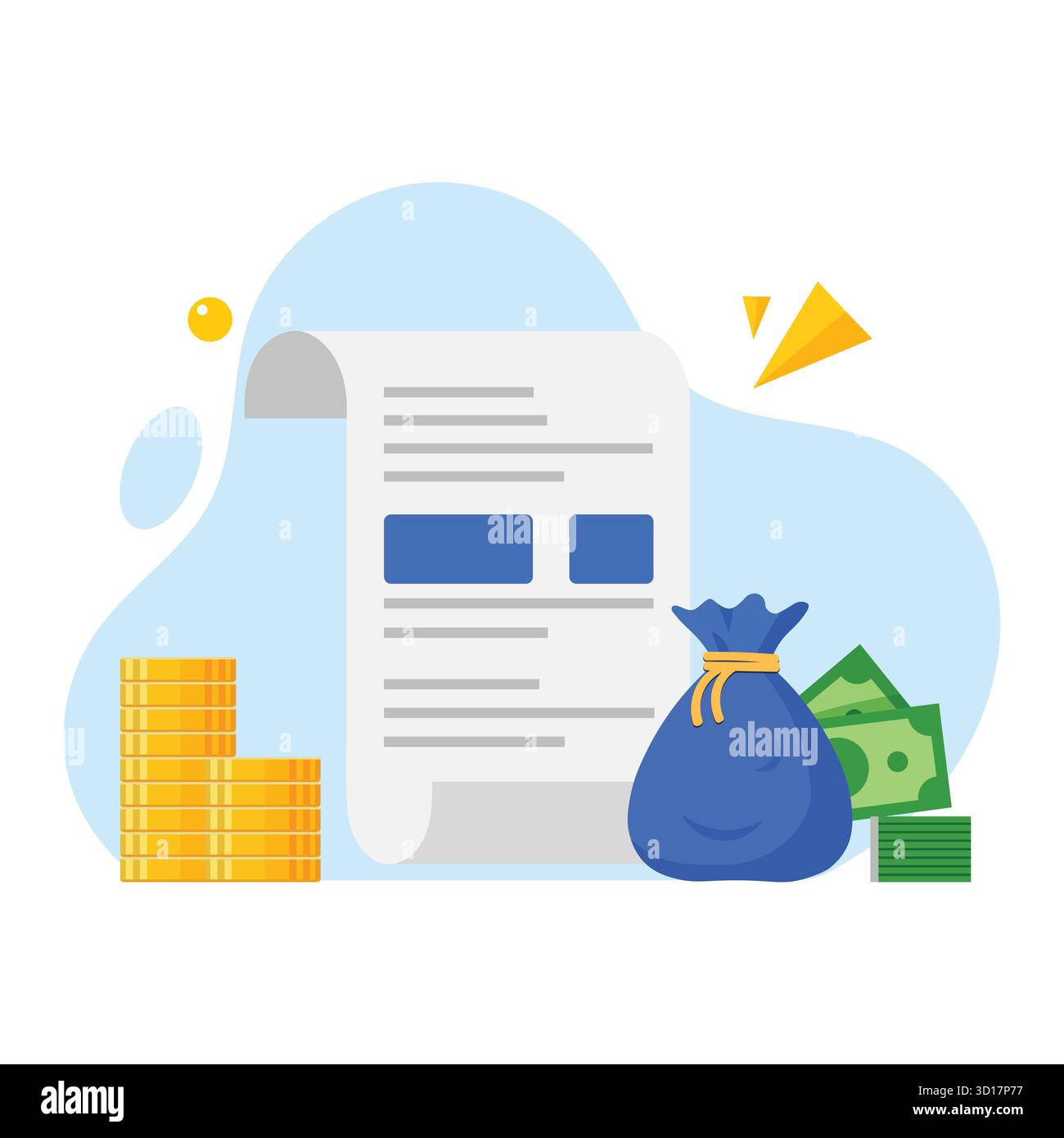 Fattura finanziaria con monete, sacco di denaro e banconote, che rappresenta le transazioni finanziarie e la contabilità Illustrazione Vettoriale
