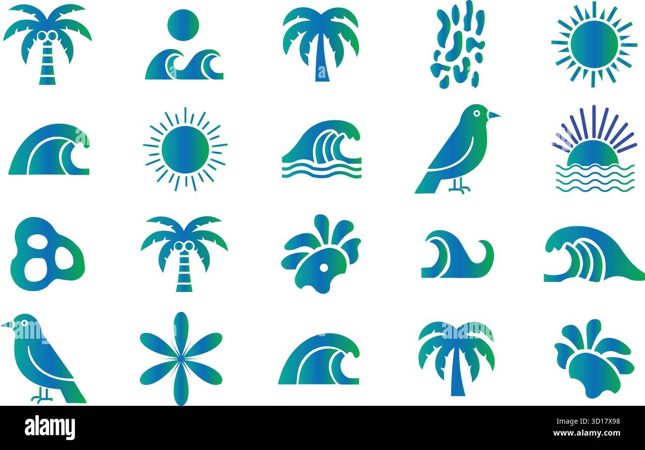 Collezione di icone a tema oceano e spiaggia tropicale isolate su sfondo trasparente Illustrazione Vettoriale