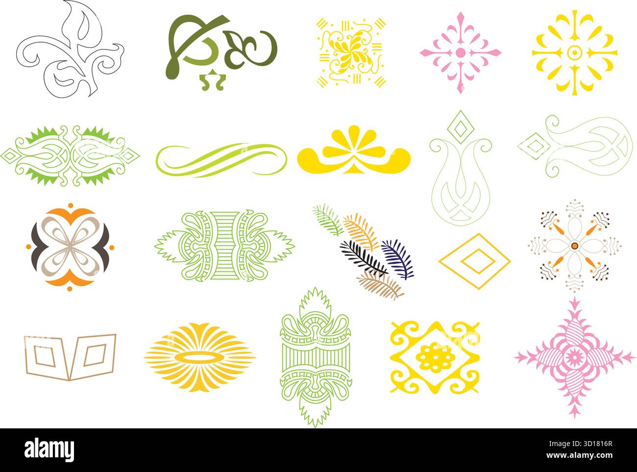 Collezione di decorazioni ornamentali e fiorenti isolate su sfondo bianco Illustrazione Vettoriale