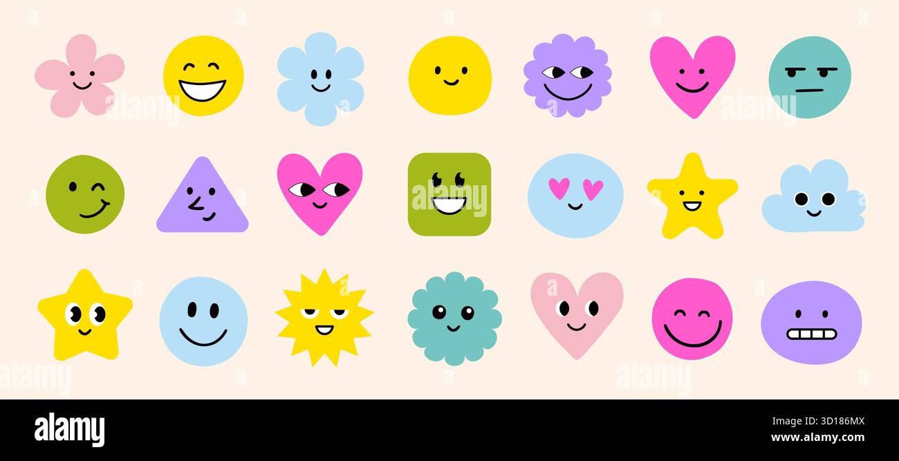 Set di adesivi con icona emoji per il sorriso del viso. Simpatico ragazzo doodle disegnato a mano divertente viso emoji sorriso, felice, triste adesivo. Divertente cartone animato emoticon cuore, stella, forma di fiore. Illustrazione vettoriale Illustrazione Vettoriale