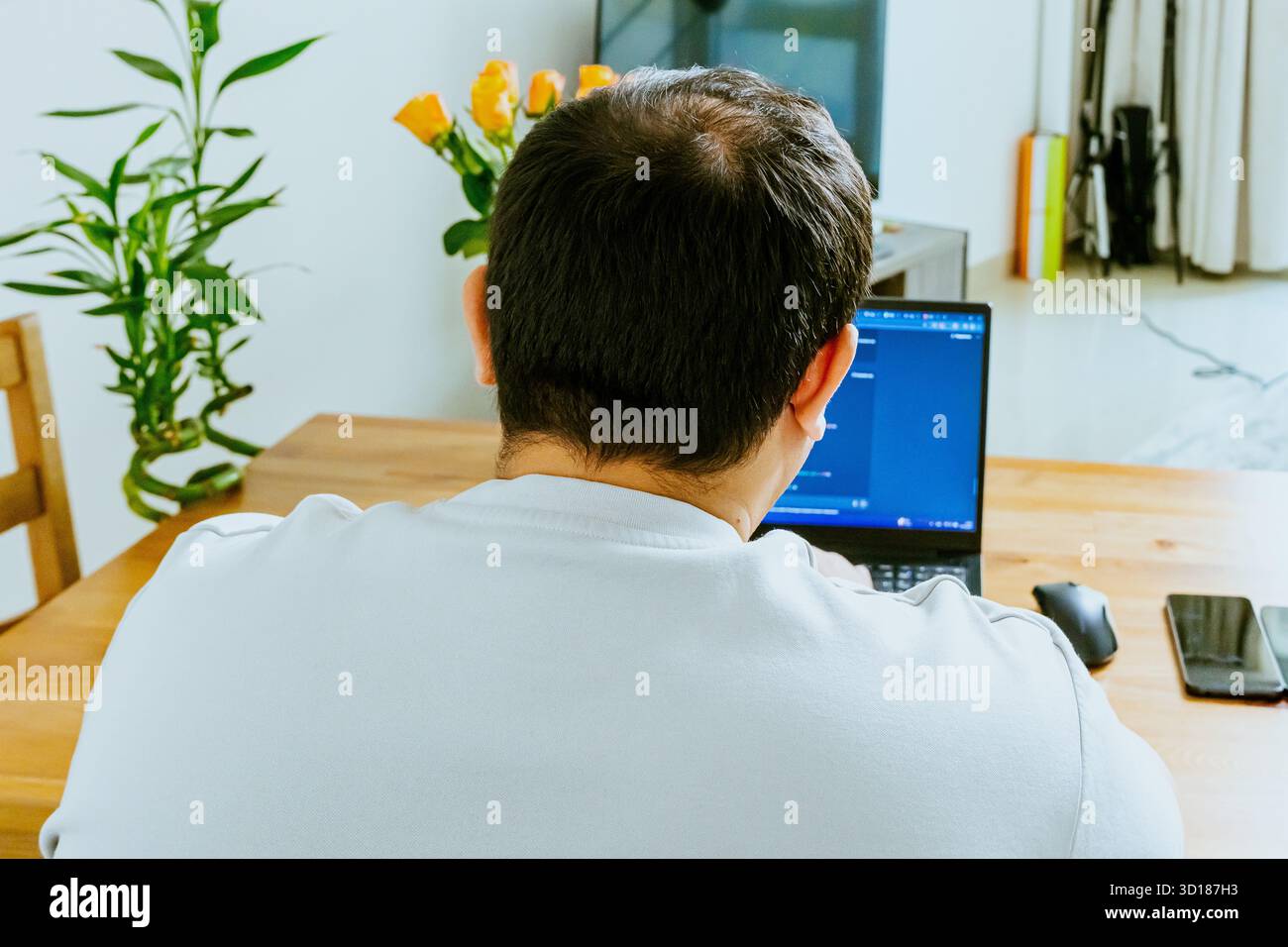 Un uomo siede su un notebook e utilizza l'intelligenza artificiale, vista da dietro. Foto di alta qualità Foto Stock