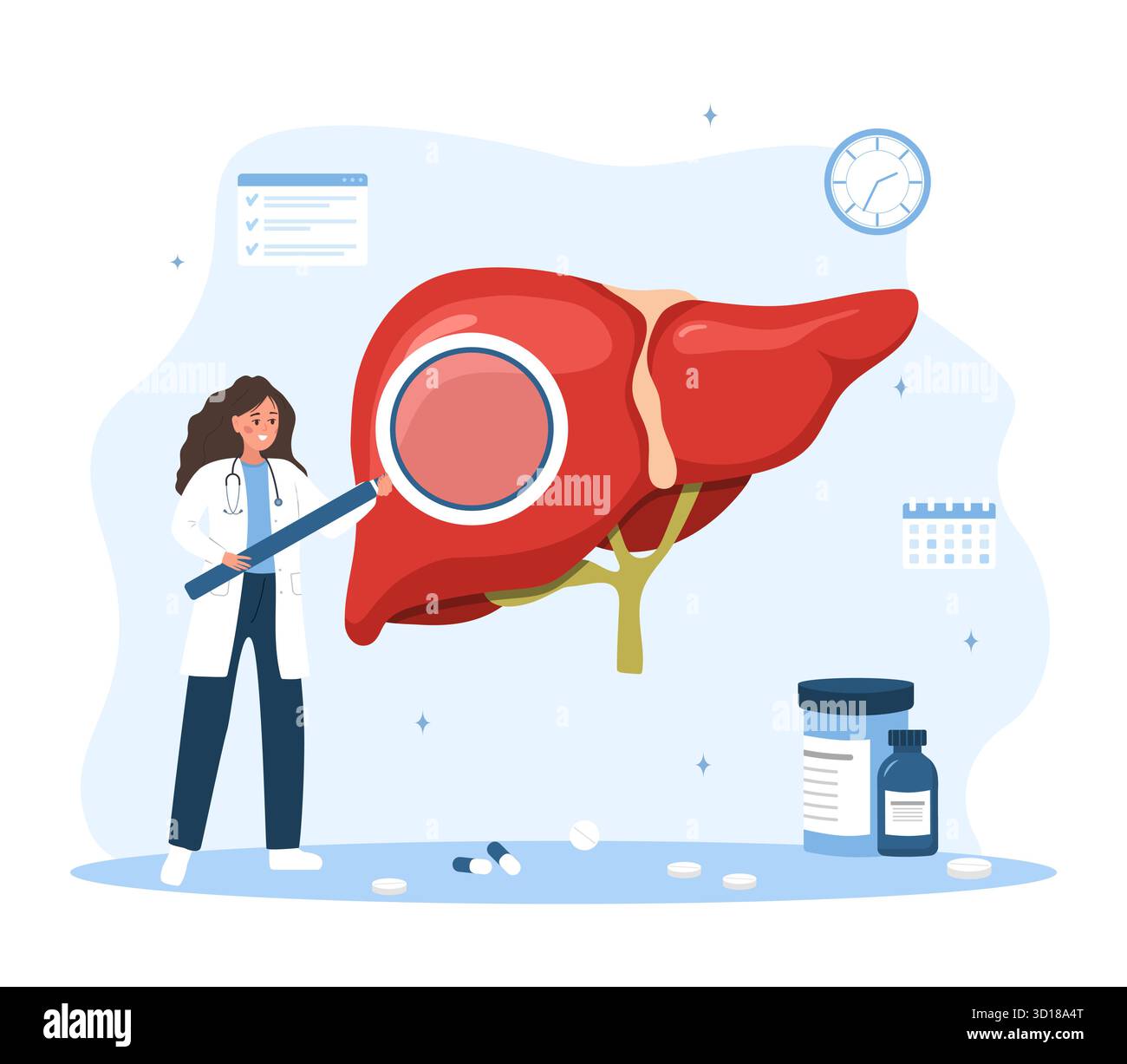 Medico in uniforme medica diagnosi cirrosi epatica. Epatologo cartoon che esamina il paziente per il trattamento del cancro o dell'epatite. Ospedale vettoriale piatto Illustrazione Vettoriale