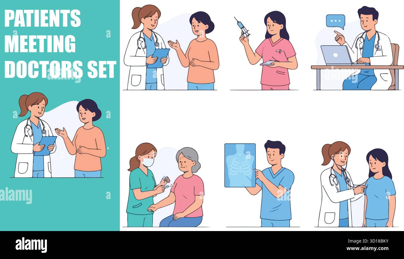 Set di incontri tra pazienti e medici. Personale medico che controlla salute, consultazione, esame del sangue e consigli in ospedale. Illustrazione del vettore piatto. Illustrazione Vettoriale