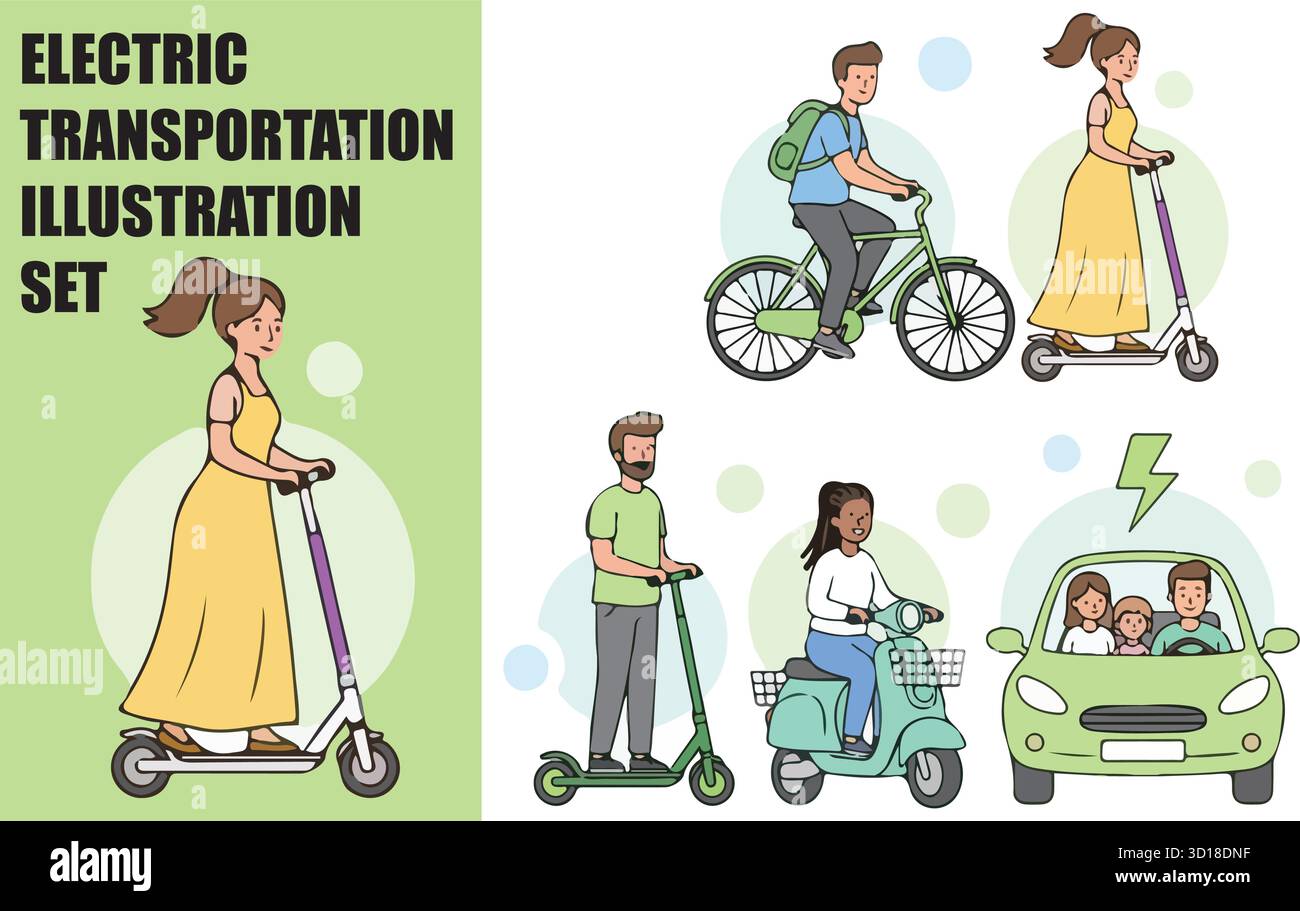 Set di veicoli ecologici per il trasporto elettrico. Personaggi che guidano auto EV, bici, scooter e motocicletta. Concetto di emissioni zero. Illustrazione vettoriale. Illustrazione Vettoriale
