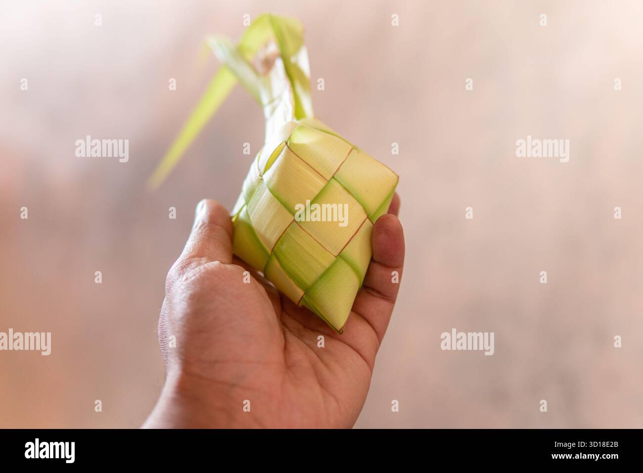 Primo piano della mano di un uomo asiatico che tiene in mano un singolo Ketupat crudo, una torta di riso indonesiana. Foto Stock