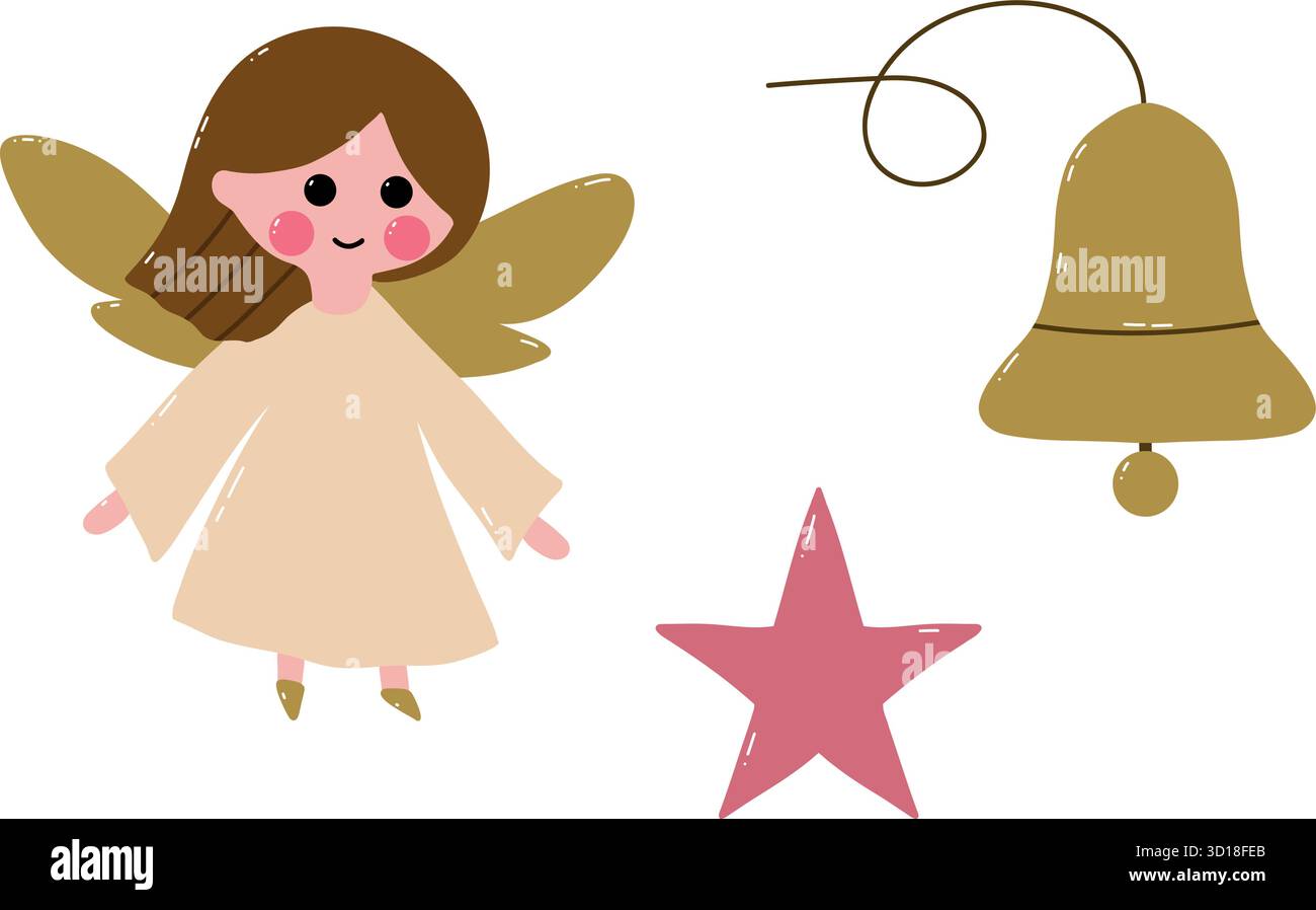 Set vettoriale natalizio colorato con fata, stella, campana. Stravaganti scarabocchi per le vacanze, ideali per progetti di festa. Include ornamenti, regalo Illustrazione Vettoriale