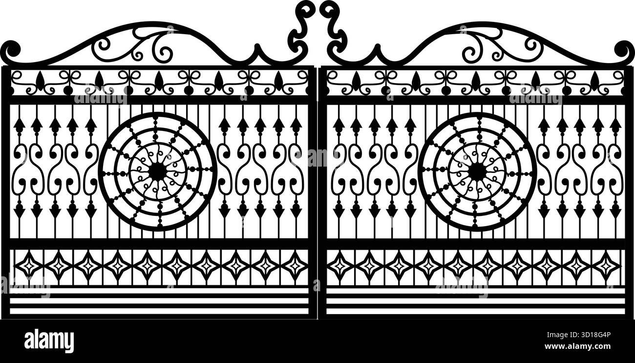 Splendido cancello doppio in ferro battuto con motivi floreali circolari e dettagli a spirale, perfetto per l'architettura, il giardino o le illustrazioni classiche all'ingresso. Illustrazione Vettoriale