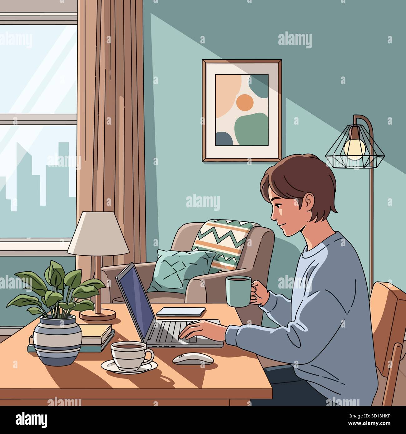 Ambiente accogliente per l'ufficio domestico con laptop, tazza e vista città - concetto di lavoro remoto Illustrazione Vettoriale