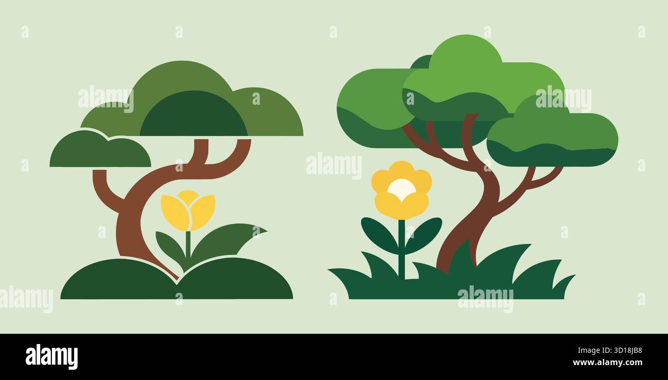 Illustrazioni grafiche di due alberi stilizzati unici con fiori gialli, vettore di design piatto. Illustrazione Vettoriale