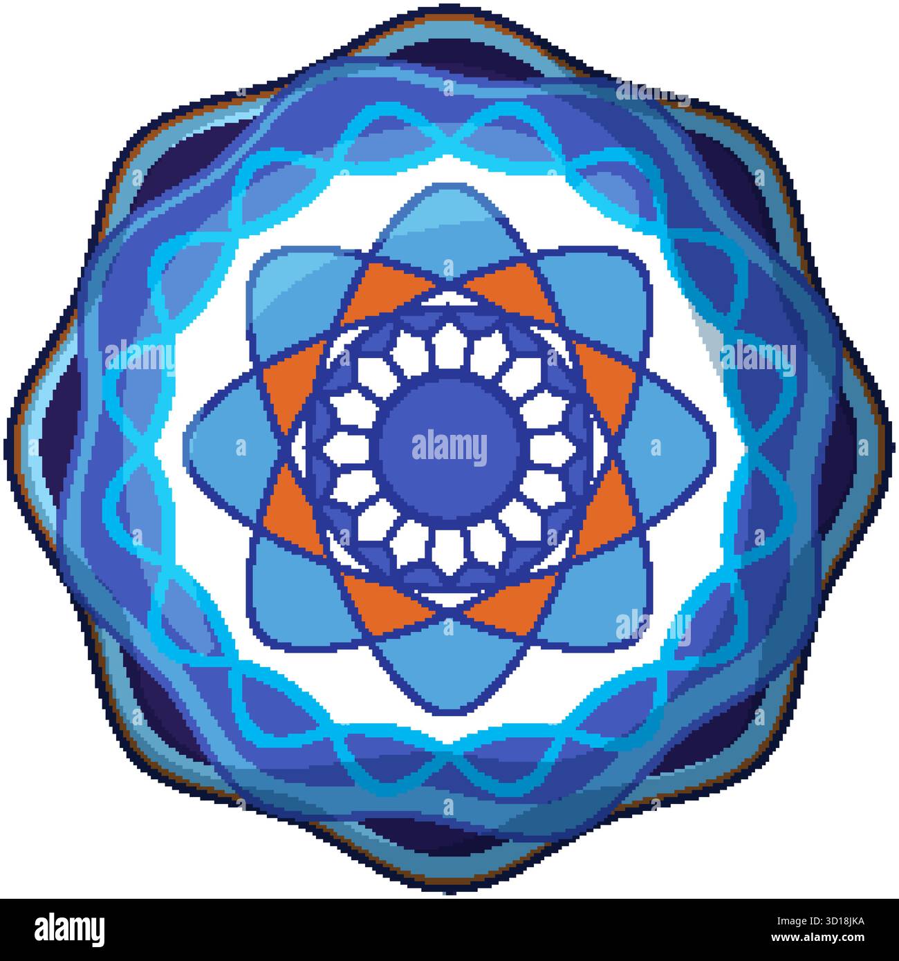 Intricato vettore mandala blu con forme geometriche stratificate, simmetria radiale e vivaci accenti di colore Illustrazione Vettoriale