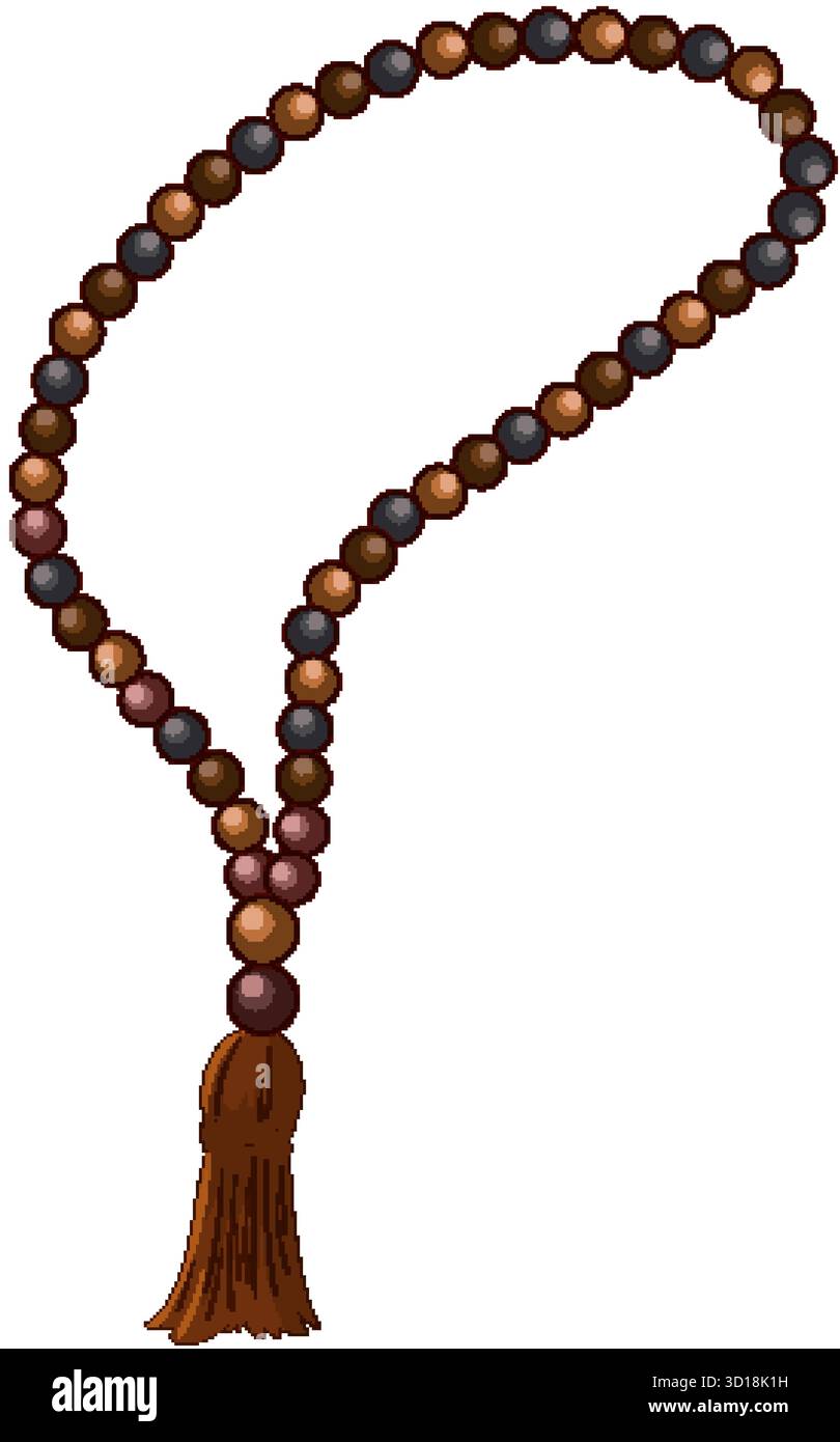 Perline di preghiera in legno colorate con nappina marrone, isolate su bianco, in stile vettoriale digitale Illustrazione Vettoriale