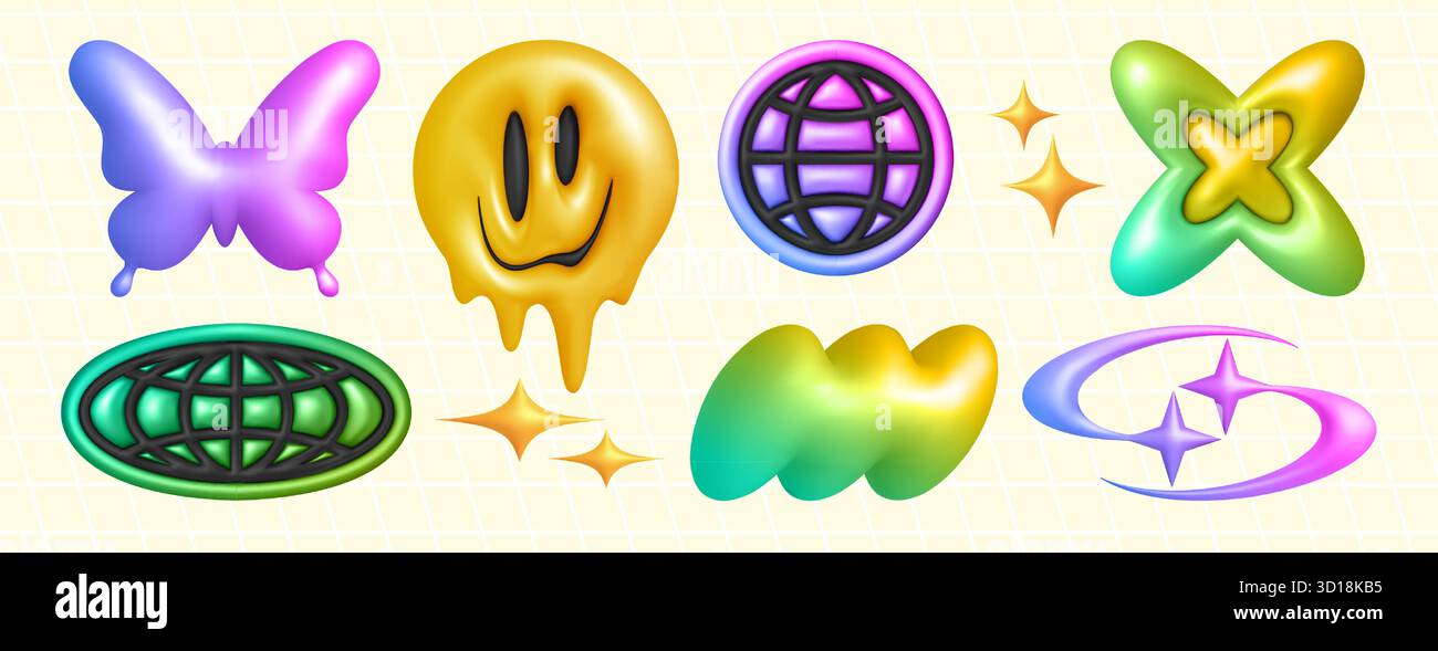 set di oggetti 3d y2k con farfalla lucida, viso sorridente, icona del globo e stelle scintillanti. Forme sfumate giocose in vivaci tonalità pastello per un'estetica Internet retrò o una grafica nostalgica. Illustrazione Vettoriale
