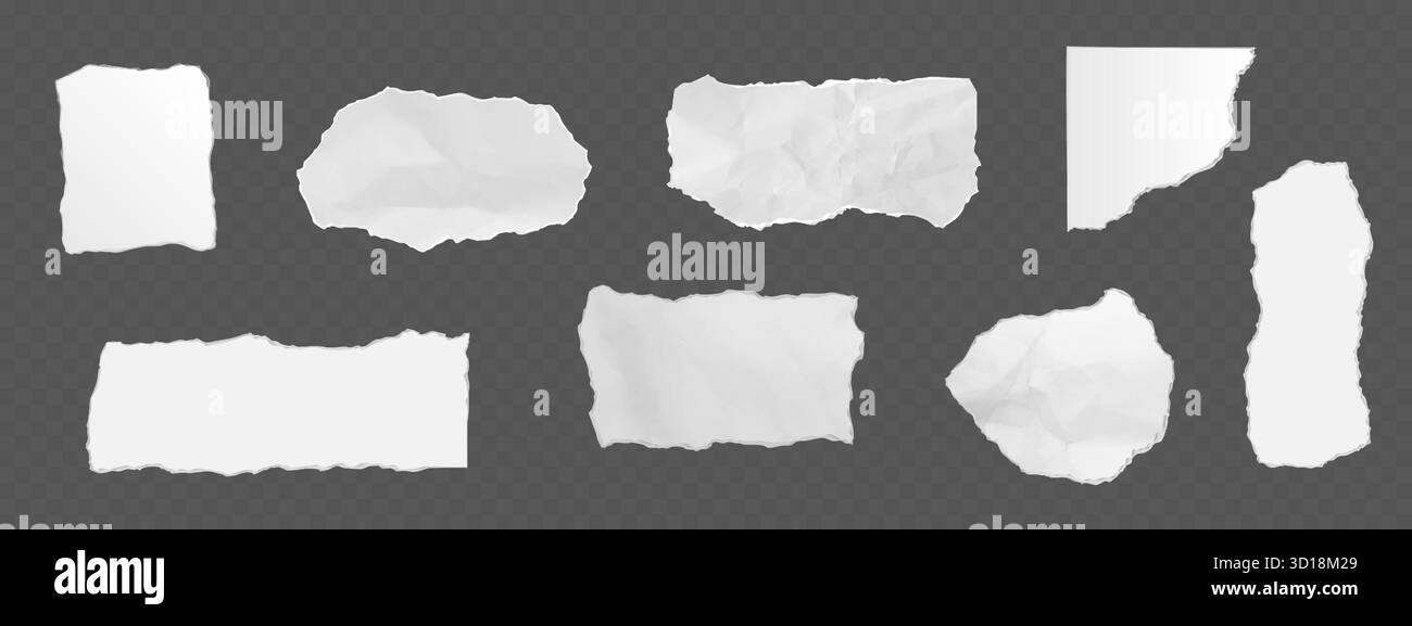 Set di pezzi di carta strappati, isolati su sfondo trasparente. Immagine vettoriale realistica di frammenti di pagine vuote del notebook, fogli di memoria irregolari con bordi irregolari, elementi di collage Illustrazione Vettoriale