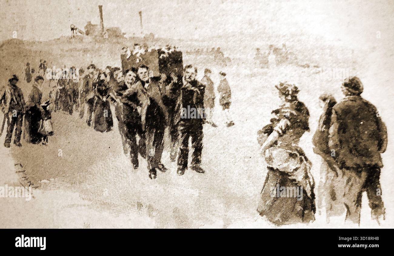 Immagine del 1897 che mostra il funerale di due uomini uccisi in un disastro britannico quando la corda che tiene la fune del cesto si ruppe. Nel disastro di Abercarn Colliery del 1894 nel Galles del Sud la corda che fu usata per sollevare un cesto che trasportava due minatori, Thomas Williams (40 anni) e John Williams (25 anni) fuori dal pozzo. Erano fratelli. Foto Stock