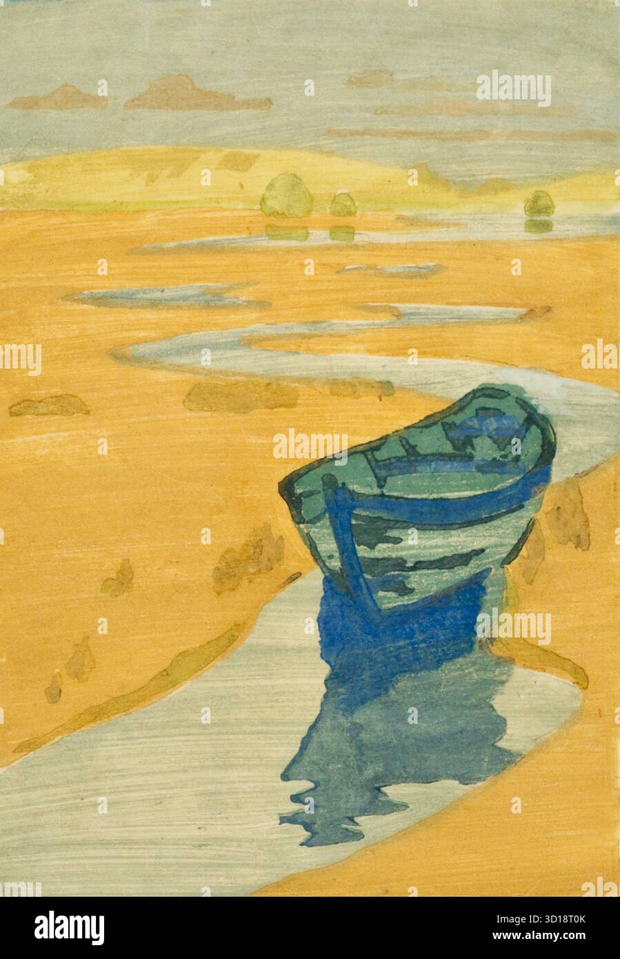 Arthur Wesley Dow - The derelict (la barca perduta) - 1916 - l'opera raffigura una barca blu solitaria bloccata su una vasta riva dorata, probabilmente con la bassa marea. Un tortuoso flusso d'acqua riflette la barca e conduce l'occhio nella composizione. Lo sfondo presenta forme astratte di colline lontane o fienili su un cielo giallo, suggerendo un ambiente di prima mattina. La composizione enfatizza linea, colore e forma, riflettendo l'ammirazione di Dow per lo stile appiattito delle stampe giapponesi. I vibranti contrasti tonali evidenziano l'interesse dell'artista nell'utilizzare il colore come strumento espressivo. Foto Stock