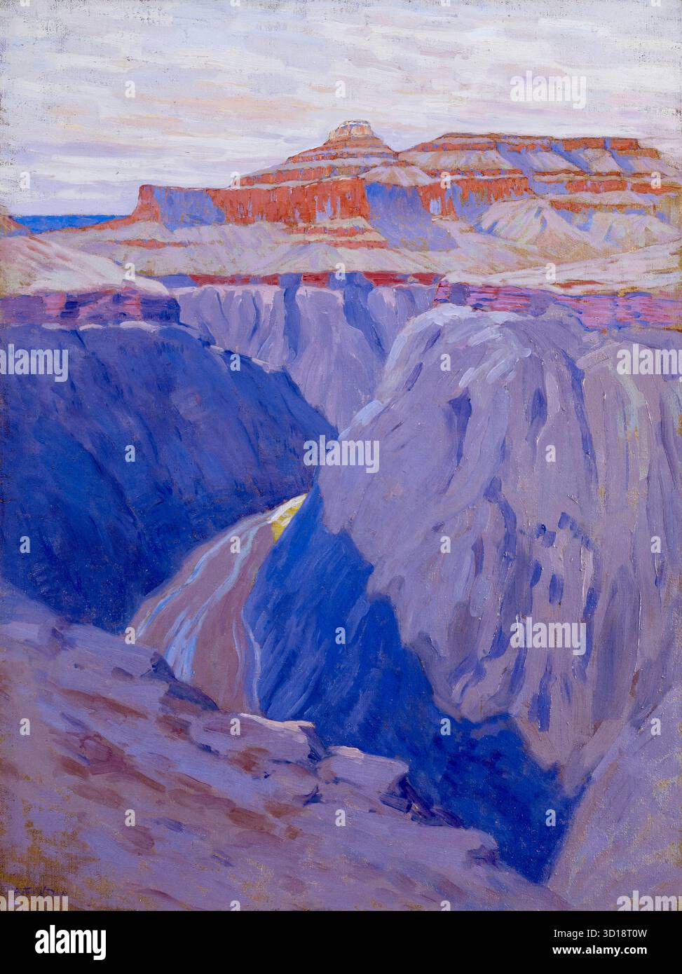 Arthur Wesley Dow - il distruttore - c1912 - dipinge una vista spettacolare del Grand Canyon, con particolare attenzione all'immensa scala del paesaggio. Lo stile artistico è caratterizzato da: Colori audaci: Il dipinto utilizza un'impressionante tavolozza di blu, viola e arance. Prospettiva appiattita: Influenzata dall'arte giapponese, Dow ha ridotto al minimo il senso di profondità utilizzando colori altrettanto intensi dall'alto al basso della tela. Pennellate visibili: L'uso di pennellate visibili enfatizza la consistenza e la forma del paesaggio. Foto Stock