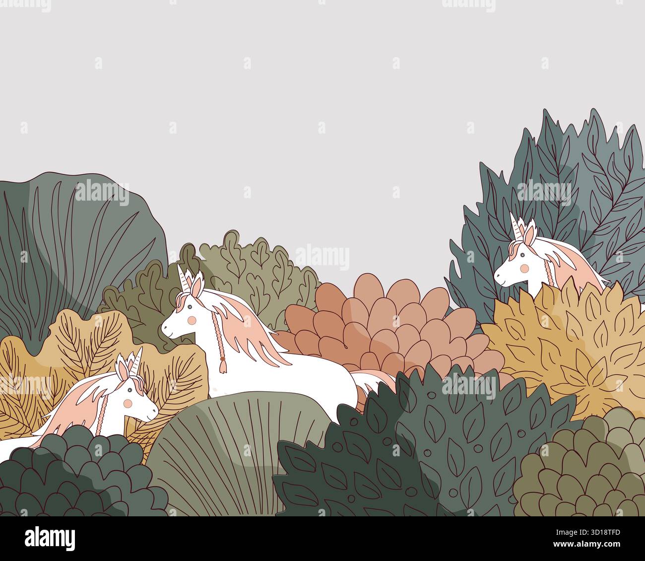 Doodle Autumn Bosco disegnato a mano e unicorni delimitano in stile lineare. Fairy Fall sfondo floreale con alberi da cartoni animati e animali da fata. Illustrazione vettoriale Illustrazione Vettoriale