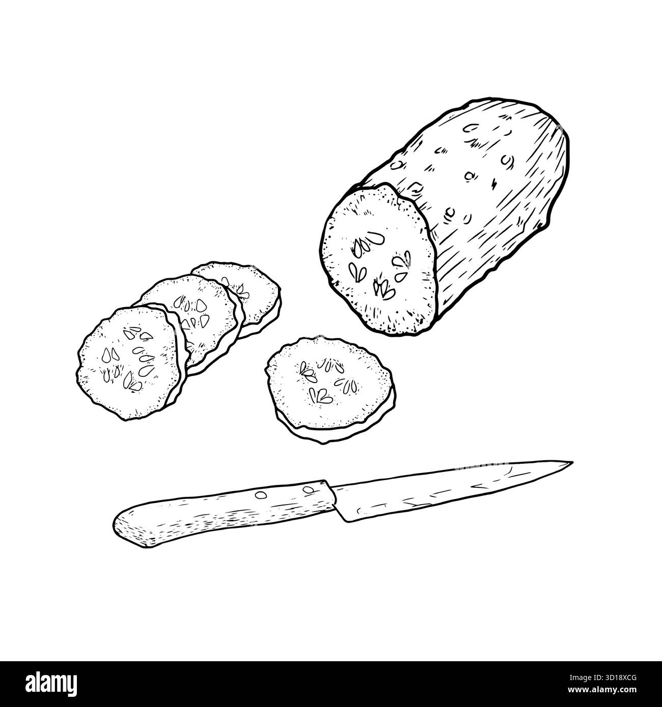 Cetrioli a fette e un coltello da cucina disegnato a mano. Illustrazione vettoriale. Verdure rustiche fresche, il set è isolato su uno sfondo bianco. La c Illustrazione Vettoriale