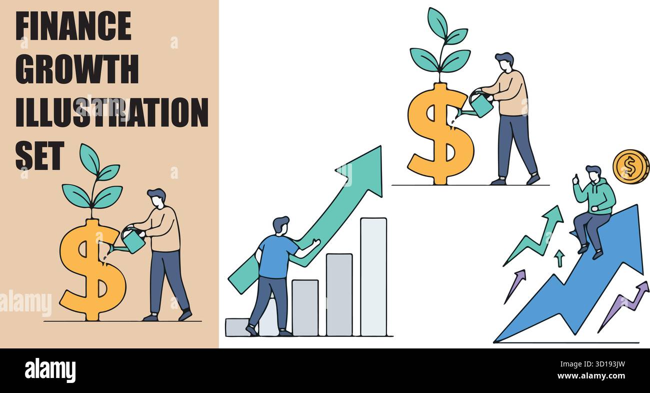 Finance Growth and Investment Success Set. Personaggi che analizzano le carte, celebrano l'aumento di denaro e la vittoria finanziaria. Illustrazione vettoriale. Illustrazione Vettoriale