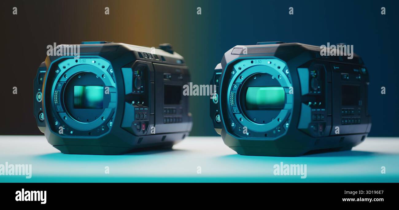 Due fotocamere cinematografiche avanzate sono pronte per riprese professionali. Foto Stock