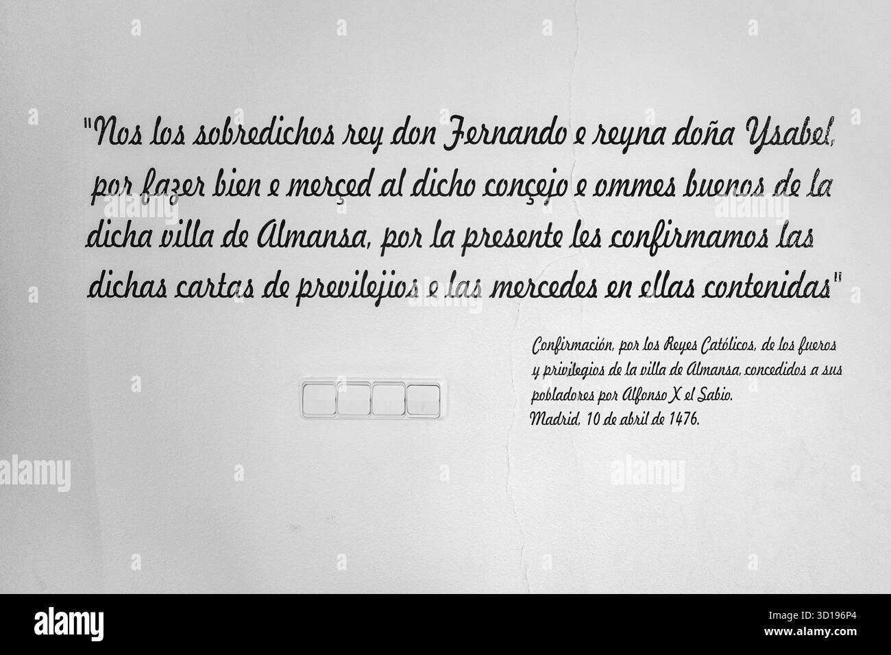 Conferma da parte dei monarchi cattolici delle carte e dei privilegi del comune di Almansa, concessi da Alfonso X el Sabio, centro di interpretazione. Foto Stock