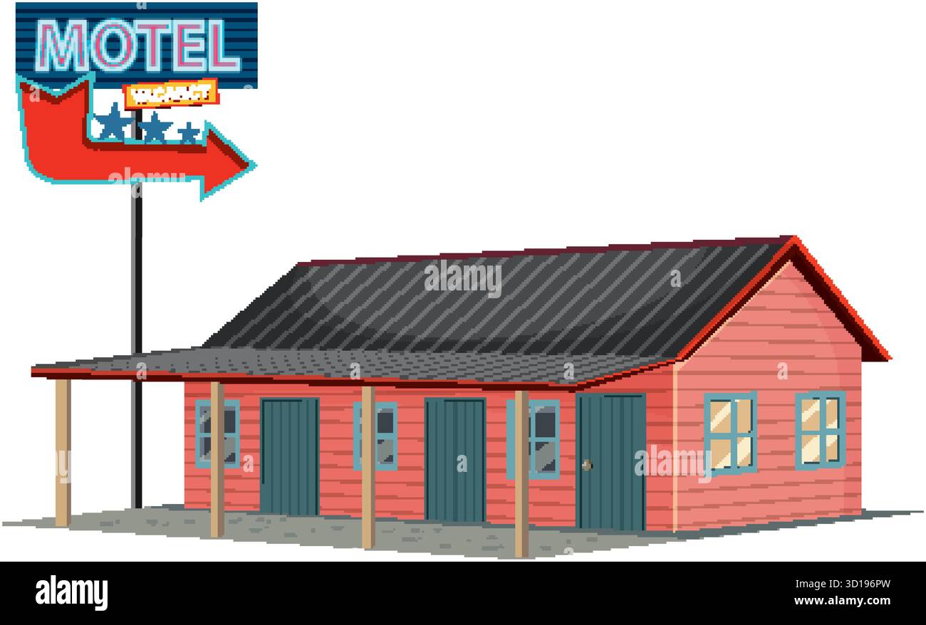 Audace illustrazione vettoriale di un motel d'epoca con cartello di posto vacante, che evoca nostalgici americani lungo la strada. Illustrazione Vettoriale