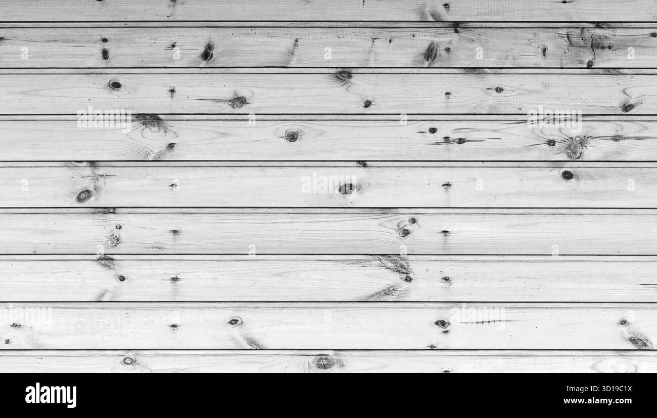 I pannelli in legno formano una superficie testurizzata bianca, che mostra grani naturali, nodi e un'estetica rustica. Ideale per applicazioni in background Foto Stock
