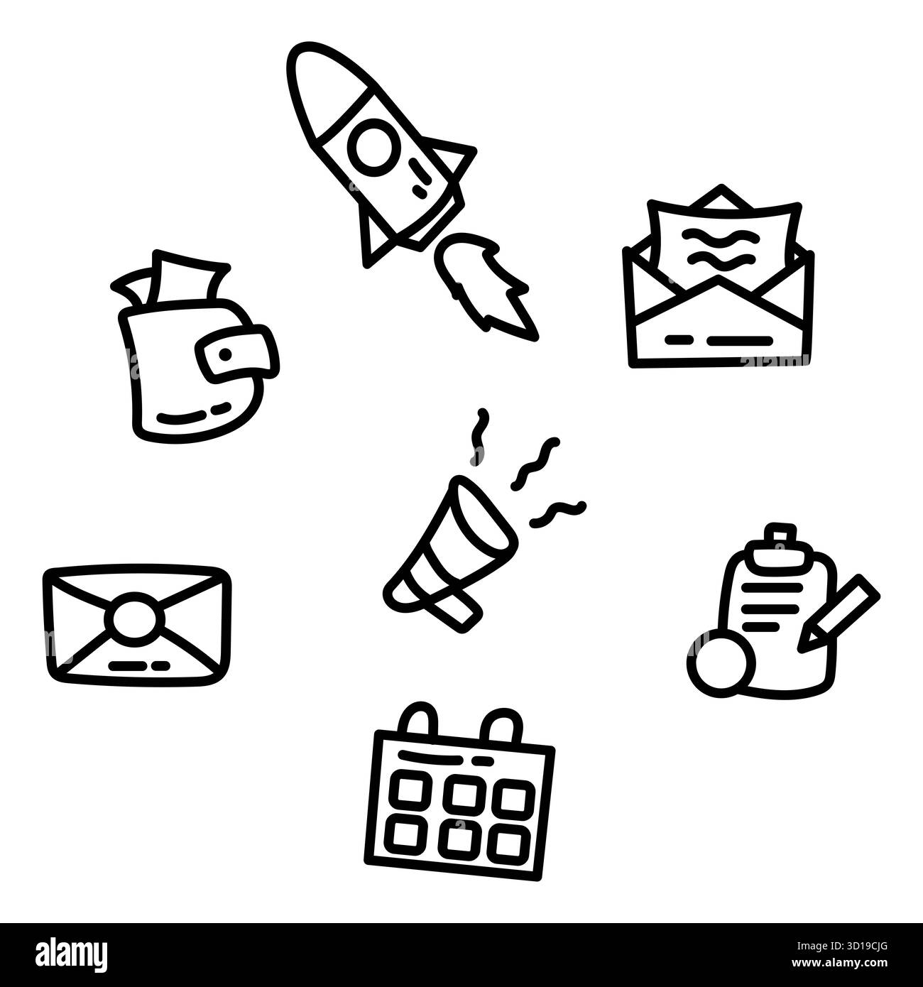 Set di icone di produttività in bianco e nero – illustrazione vettoriale di Rocket, buste, portafoglio, megafono, Calendario, e l'irrigazione può Foto Stock