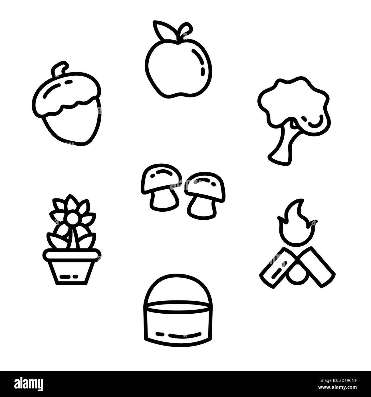 Collezione d'arte cute Nature Line – illustrazione vettoriale di mais, mela, albero, fiore, funghi, falò e Bucket Foto Stock