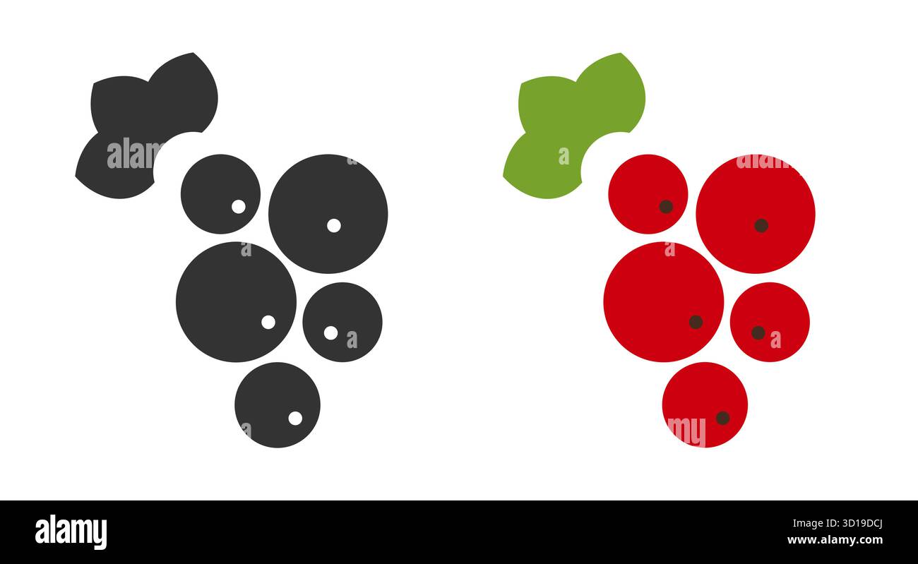 Rappresentazione grafica dei frutti di ribes rossi illustrata in uno stile a icona di linea. Ogni frutto è disegnato in modo distintivo con cerchi e foglie, evidenziandone l'aspetto fresco e la semplicità. Illustrazione Vettoriale