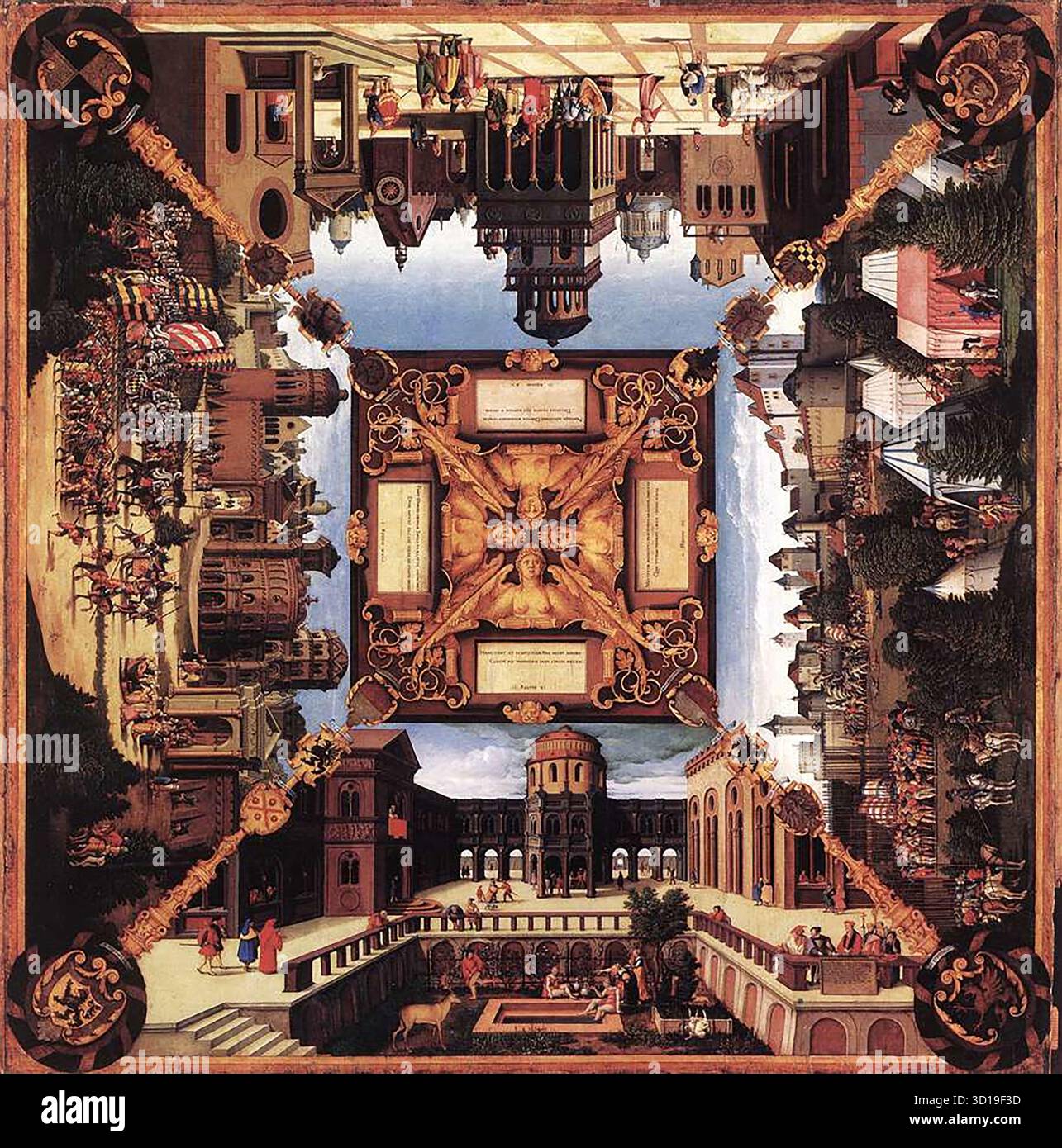 BEHAM, Hans Sebald (nato 1500, Norimberga, d. 1540, Francoforte) Scene dalla vita di David 1534 legno, 128 x 131 cm Mus?e du Louvre, Parigi quattro episodi della vita di David occupano le quattro sezioni triangolari di questo tavolo eseguito per il cardinale Alberto di Brandeburgo, Arcivescovo di Magonza. Gli episodi sono i seguenti: Le donne partono da Gerusalemme per incontrare Saul e Davide; Bathsheba che fa il bagno; Davide manda Uria all'assedio di Rabbath; il profeta Nathan davanti a Davide. --- parole chiave: --------------- Autore: BEHAM, Hans Sebald titolo: Scene from the Life of David Time-line: 1501-155 Foto Stock