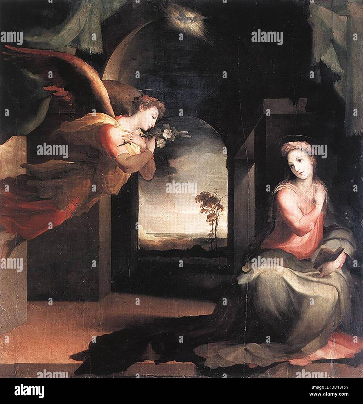 BECCAFUMI, Domenico (nato ca. 1486, Castel Monaperto, d. 1551, Siena) l'Annunciazione c. 1545 olio su legno SS. Martino e Vittorio, Sarteano (Siena) negli ultimi anni della sua carriera, Beccafumi tendeva a frenare le sue idee più stravaganti e tornava anche a dipingere composizioni più tranquille che creano un senso di intimità silenziosa. Tuttavia, non ha mai rinunciato al suo uso inconfondibile e straordinariamente ricco del colore, né al suo amore per la gradazione del tono nelle sue immagini da parti che erano brillantemente bagnate di luce calda fino a zone molto scure. --- parole chiave: --------------- Autore: BECCAFUMI, Foto Stock