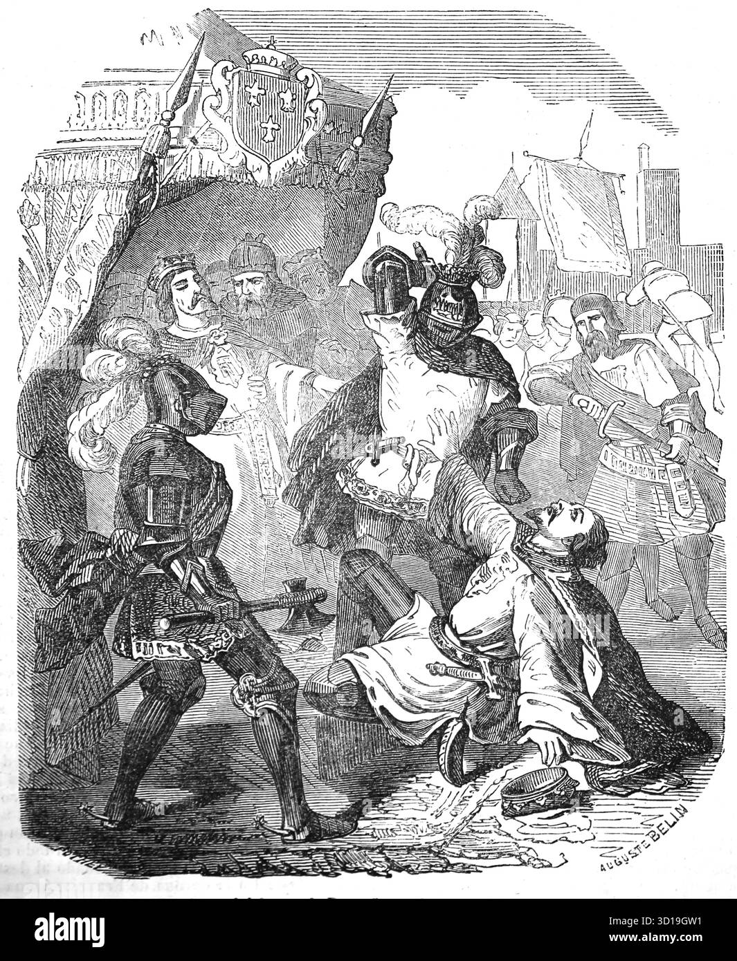 Assassinio di Giovanni i di Borgogna (Jean sans Peur), 10 settembre. 1419, al Ponte di Montereau durante un incontro di riconciliazione nel mezzo della guerra civile francese (Armagnac contro fazioni borgognone). Incisione, XIX secolo. Foto Stock