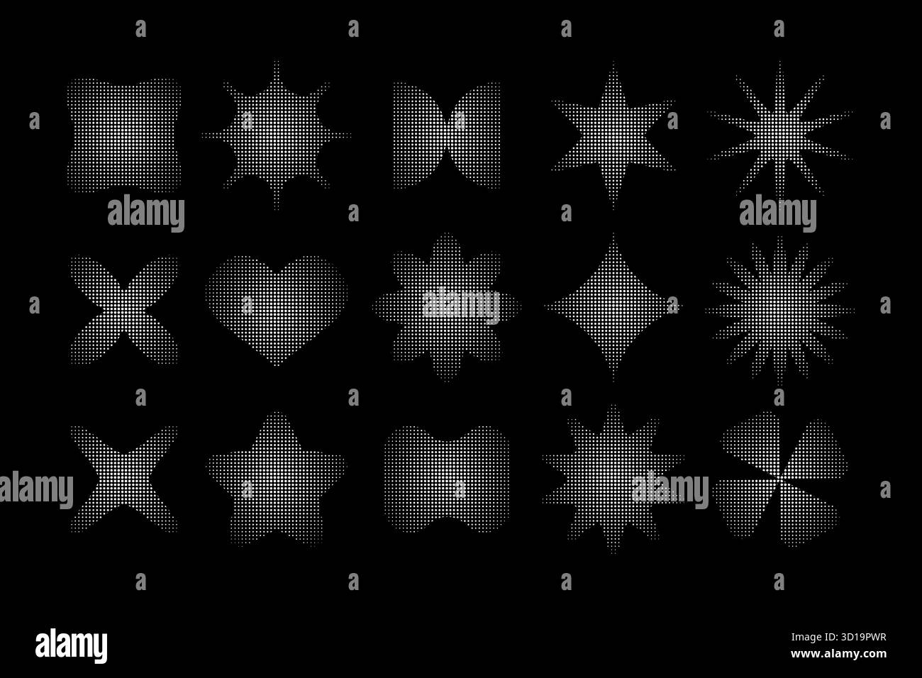 Set di eleganti forme y2k bianche con mezzitoni o grana isolata su sfondo nero. Forma astratta a stella, fiore e cuore punteggiata con effetto pixel. Illustrazione grafica vettoriale. Illustrazione Vettoriale