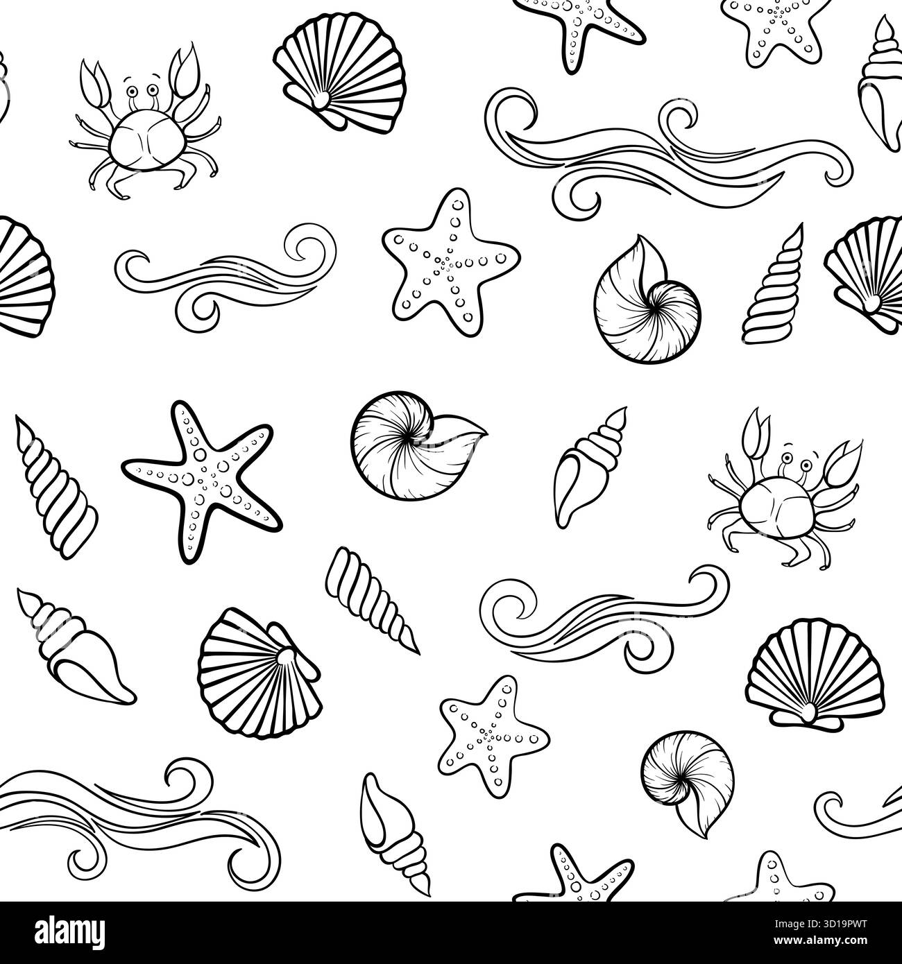 Motivo Seashell in bianco e nero senza cuciture. design per biglietti d'auguri e invito a vacanze estive stagionali, feste estive in spiaggia, turismo Illustrazione Vettoriale