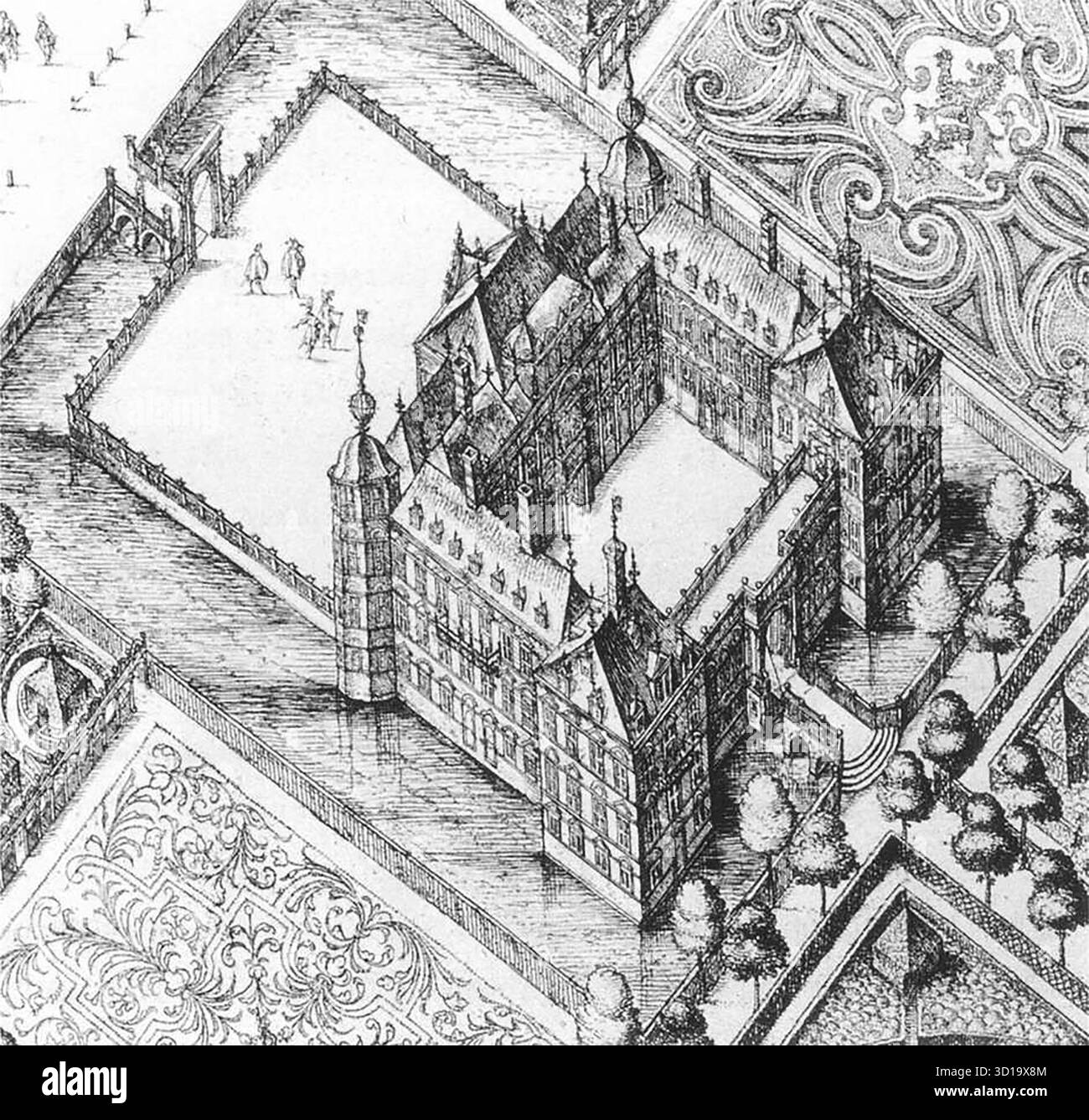 BERCKENRODE, Balthasar Florisz. Van (nato CA. 1591, Delft, d. ca. 1645, Delft) Bird's-Eye View of Honselaarsdijk (Detail) c. 1637 incisione, 415 x 500 mm House of Orange-Nassau Historic Collection Trust, The Hague Honselaarsdijk era la casa di campagna di Frederick Hendrick a sud dell'Aia. L'incisione mostra una vista da nord-est. --- parole chiave: --------------- Autore: BERCKENRODE, Balthasar Florisz. Van Title: Bird's-Eye View of Honselaarsdijk (Detail) Time-line: 1601-1650 Scuola: Olandese forma: Grafica tipo: Paesaggio Foto Stock