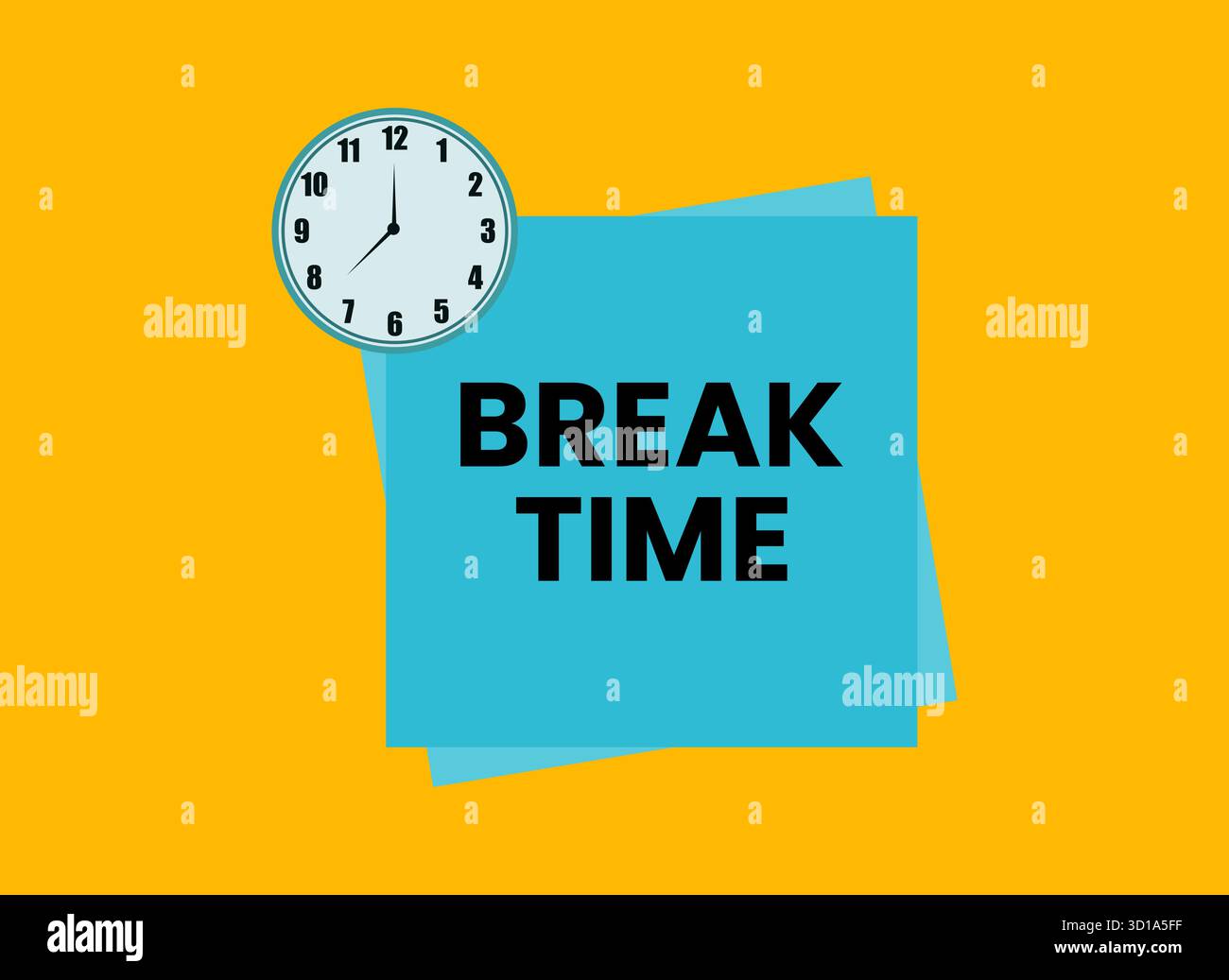 Testo nero sull'ora di pausa su carta blu con icona dell'orologio su sfondo giallo illustrazione vettoriale creativa perfetta per l'ufficio Rest Awareness Design moderno Illustrazione Vettoriale