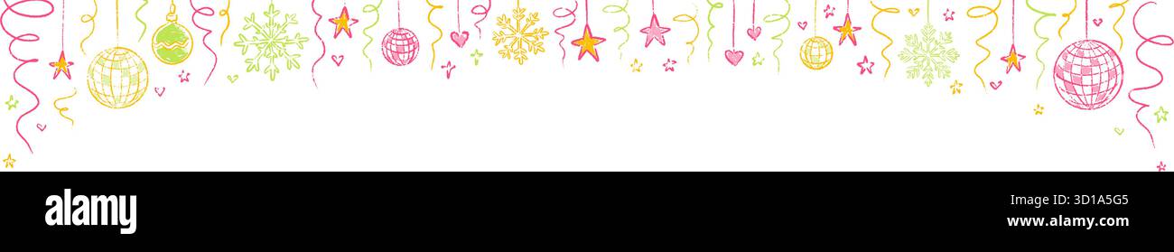 Buon Natale e felice anno nuovo colorato pastello a doodle disegnato a mano, matita, sfondo di gesso. Addio al nubilato di Natale in discoteca al gir Illustrazione Vettoriale