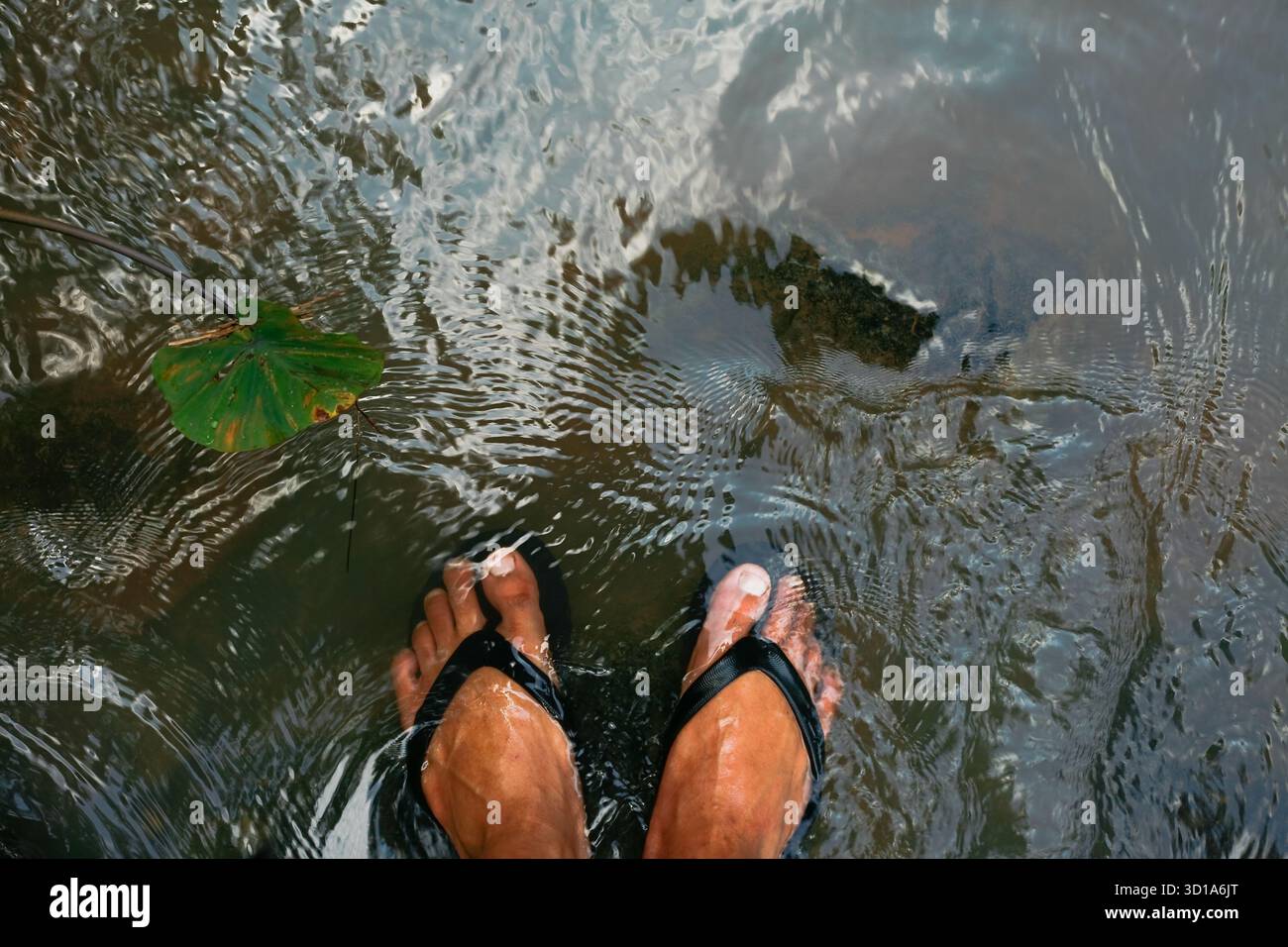 piedi con infradito sommersi nel flusso del fiume Foto Stock