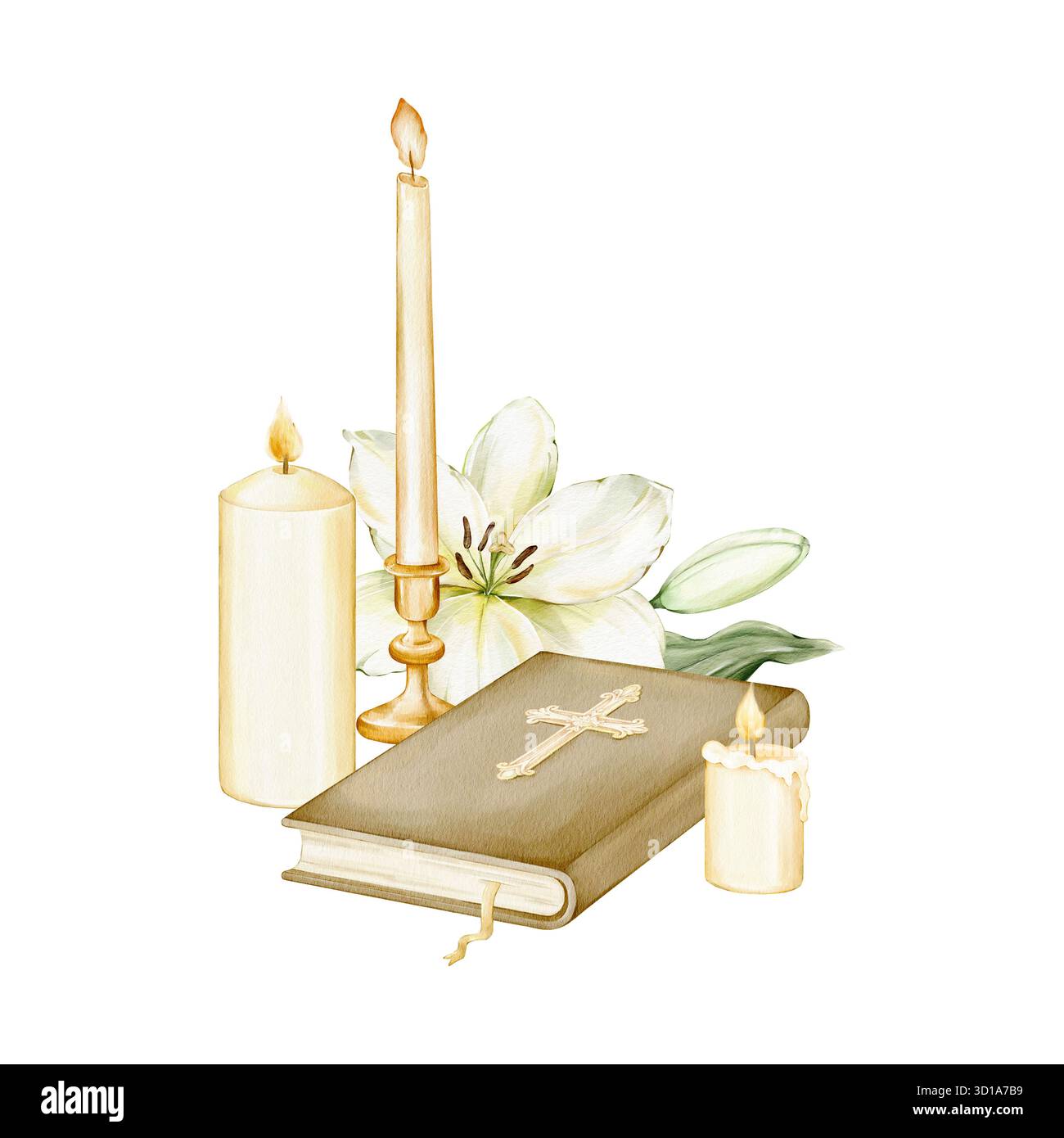 Composizione ad acquerello con Bibbia, candele accese e gigli bianchi, illustrazione religiosa isolata. Perfetto per stampe devozionali, memoriale Foto Stock